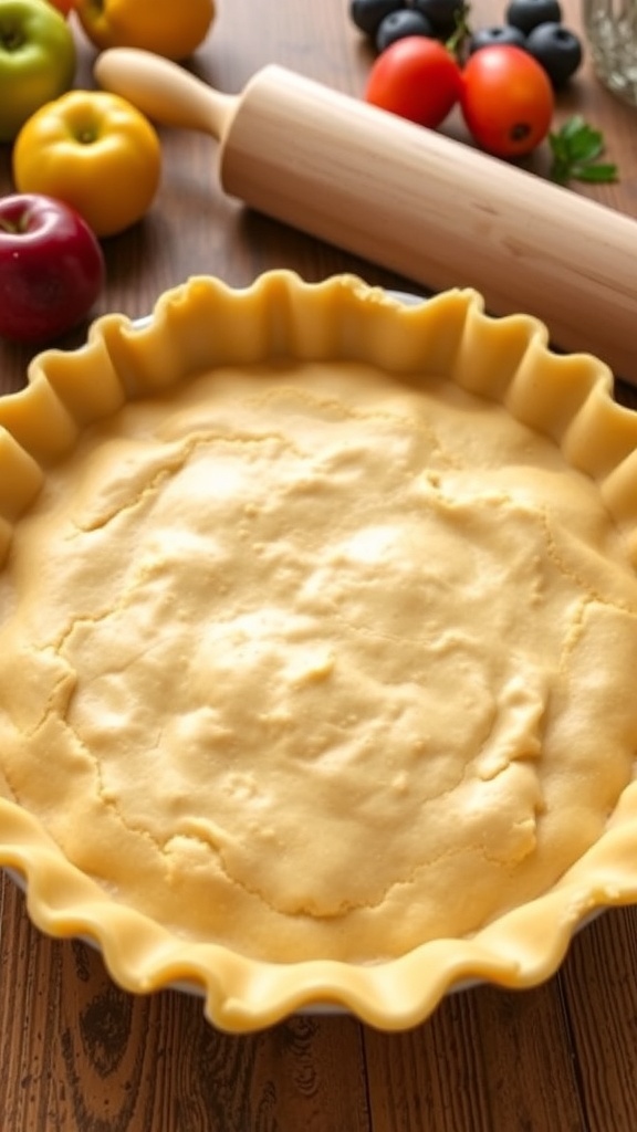 Bob Golden brown gluten-free pie crust in a dish, surrounded by fresh fruits and a rolling pin.